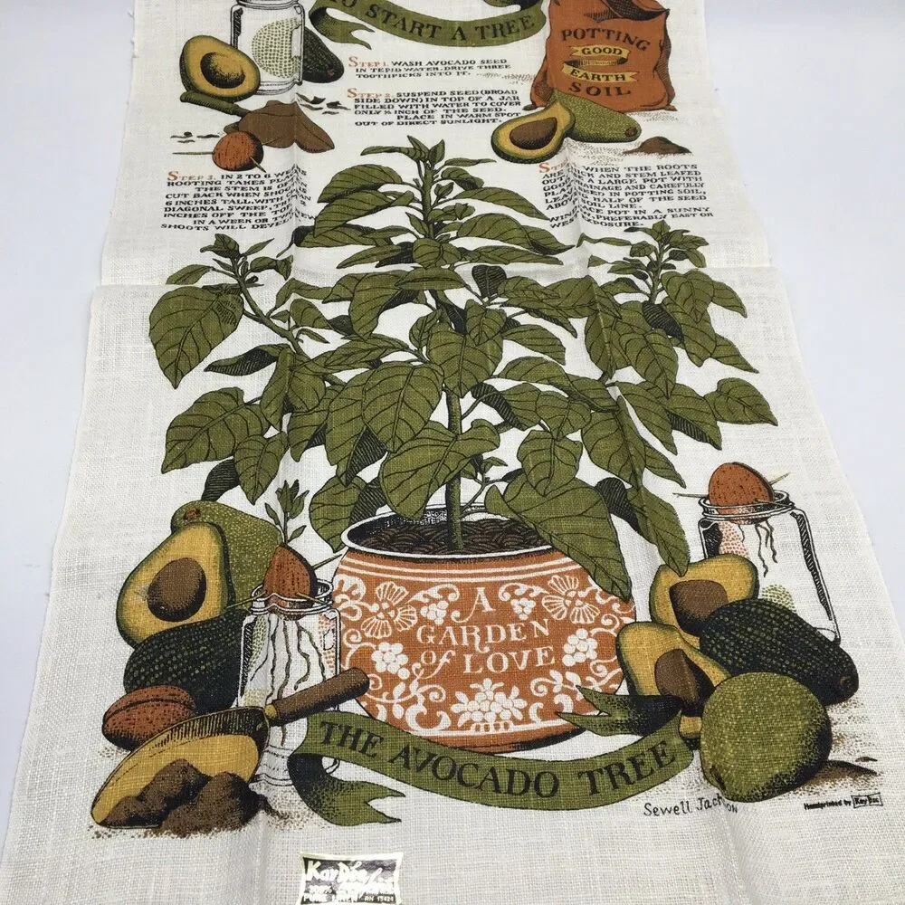 Vtg Kay Dee New Avocado Tree Kitchen Tea Towel Linen Hand Print Jackson Sewell